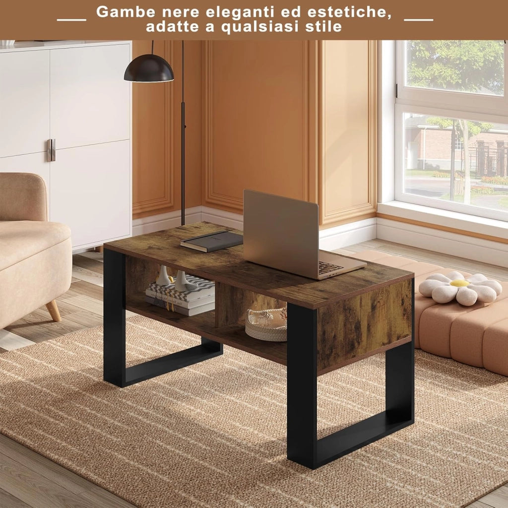Tavolino da Salotto/Divano con 2 Scomparti Aperti, Tavolino Basso, Tavolo Laterale per Soggiorno, Camera da Letto, in Legno, Marrone Rustico + Nero, 90x45x45 cm, BTS16hov