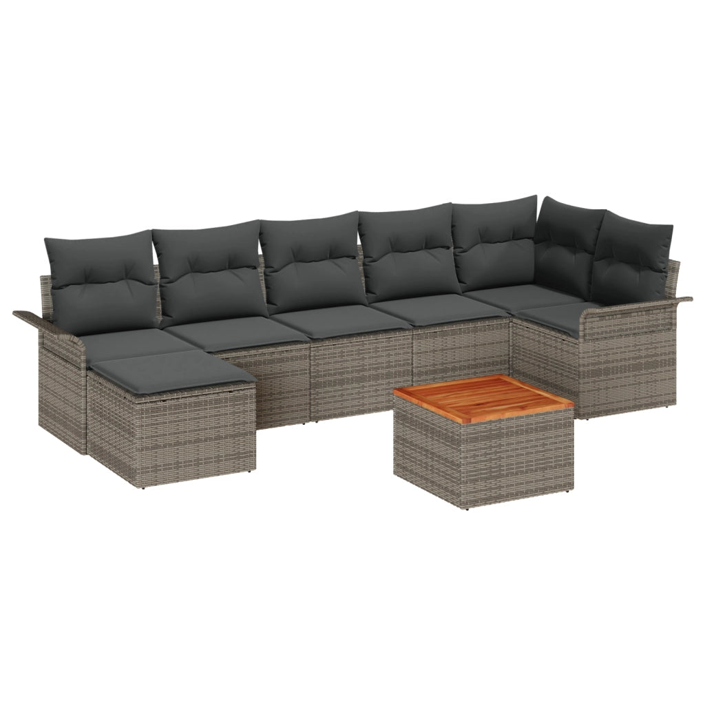Set Divano da Giardino 8 Pezzi con Cuscini Grigio Polirattan Acacia