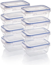 Set di contenitori per cibi in plastica Grizzly, 8 contenitori di conservazione con coperchio, rettangolari, stivabili, resistenti alle cadute, resistenti al microonde e al lavastoviglie