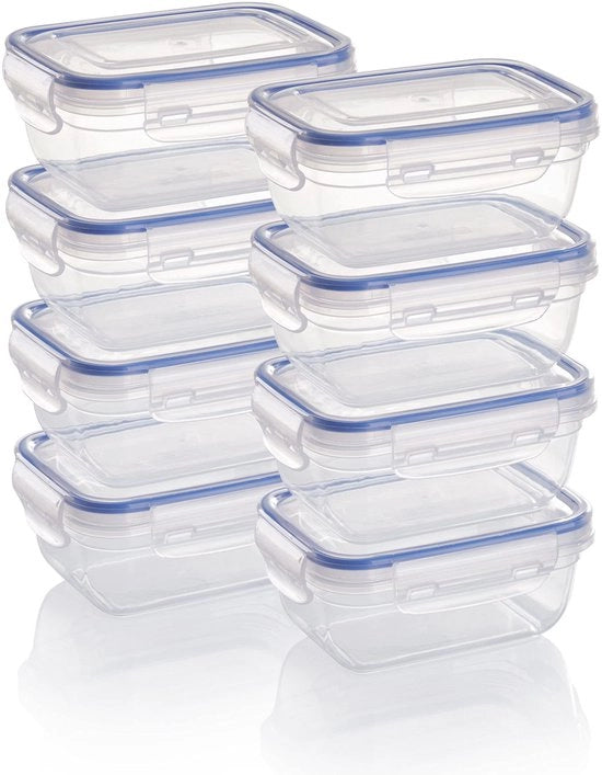 Set di contenitori per cibi in plastica Grizzly, 8 contenitori di conservazione con coperchio, rettangolari, stivabili, resistenti alle cadute, resistenti al microonde e al lavastoviglie