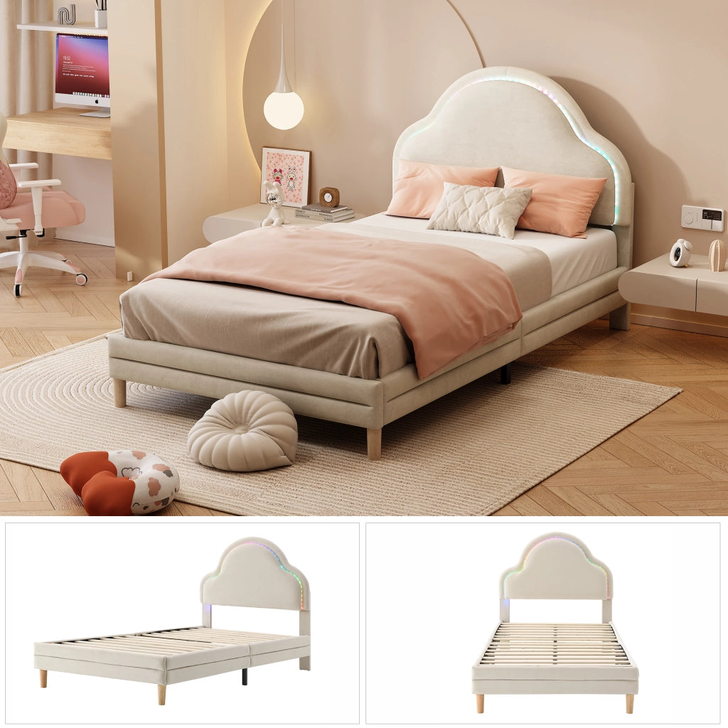 Letto Singolo per Bambini con LED Regolabile e Testiera a Nuvola; 90×200 cm; Senza Materasso; Beige