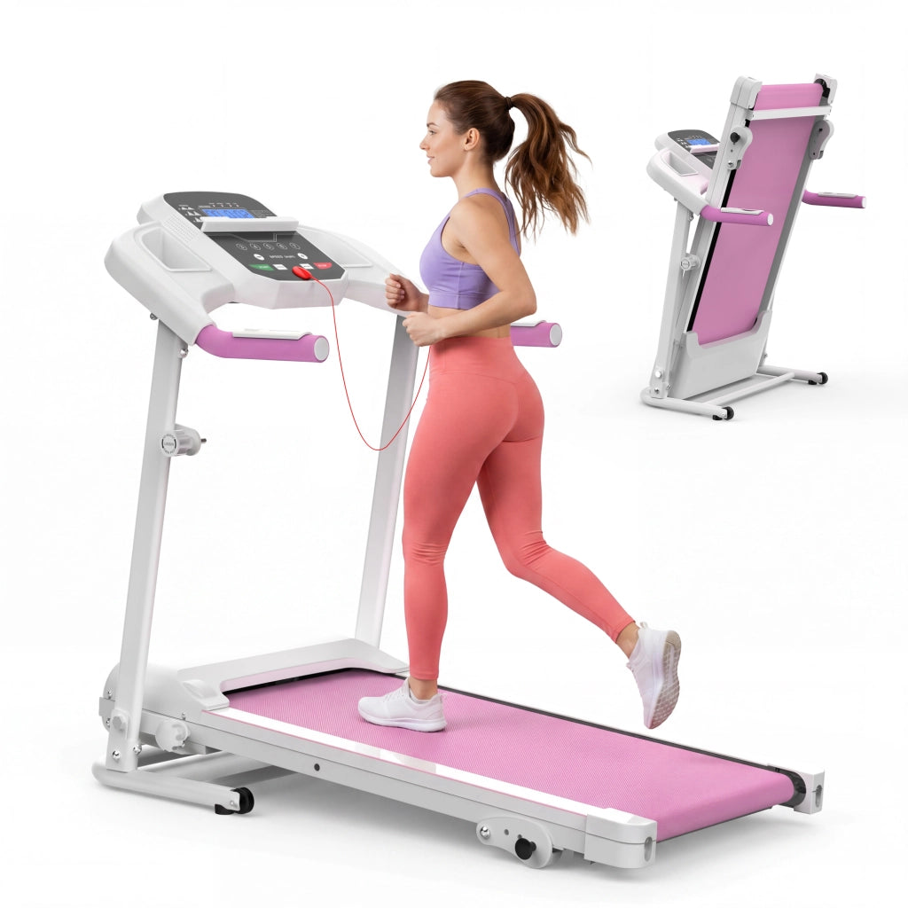 Tapis Roulant Compatto 123x64x119,5 cm Bianco Rosa con Motore 2,5 HP e Inclinazione