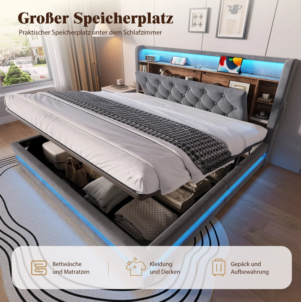 Letto imbottito 180x200 cm grigio scuro con LED e USB