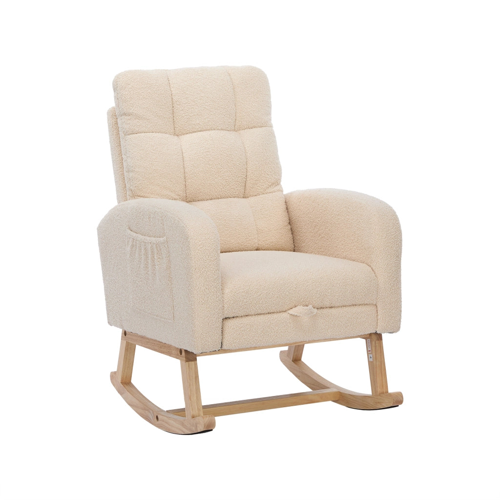 Poltrona a dondolo beige in boucl¨¦ con struttura in legno massello, schienale alto e tasca laterale