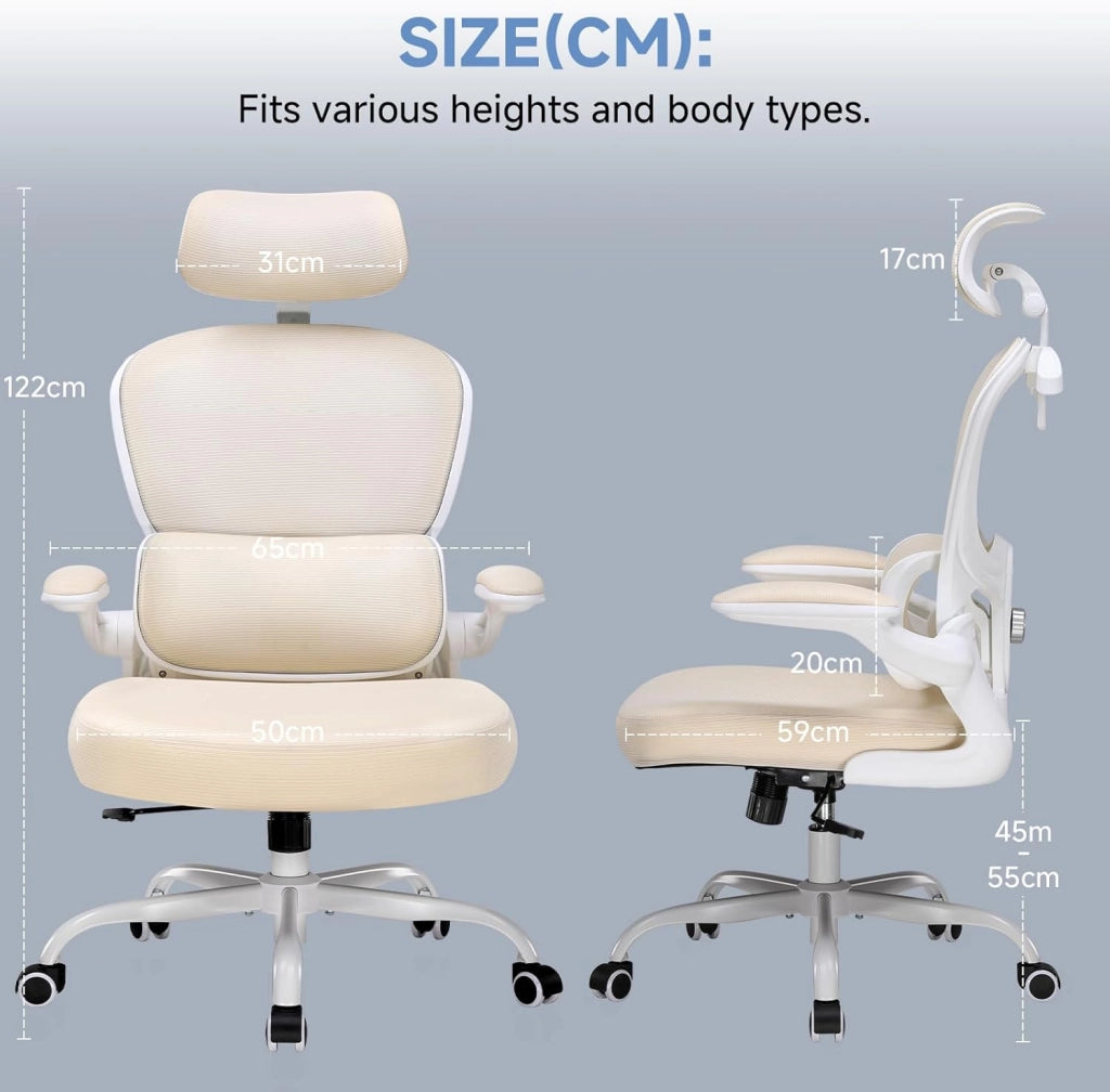 Sedia da ufficio ergonomica, con poggiatesta 3D e supporto lombare, design con gancio integrato, braccioli pieghevoli, cuscino imbottito, carico fino a 150 kg