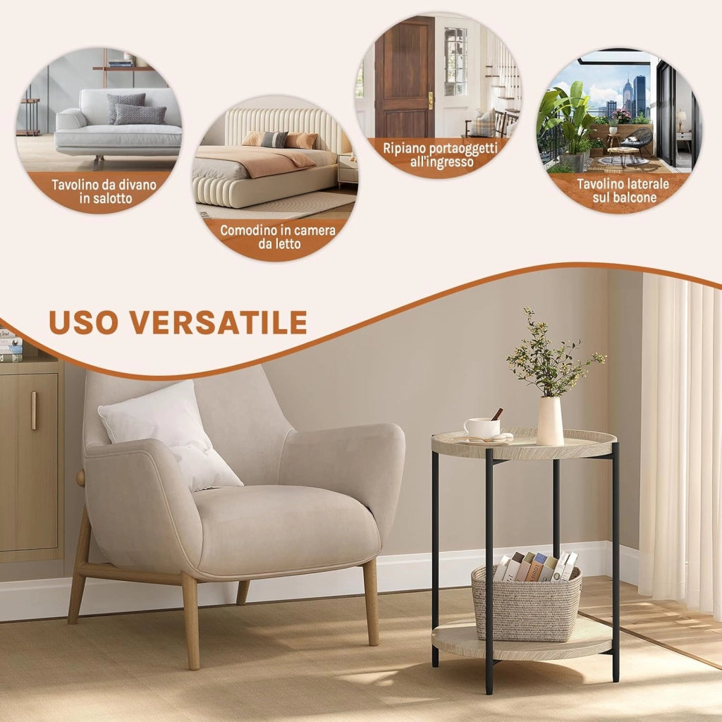 WOLTU Tavolino da Salotto Rotondo, Tavolino da caffè con 2 Ripiani, Piano d’Appoggio Rimovibile, Comodino per Camera da Letto, Tavolinoda Divano, in Metallo e MDF, Rovere Chiaro e Nero, BTS06hei