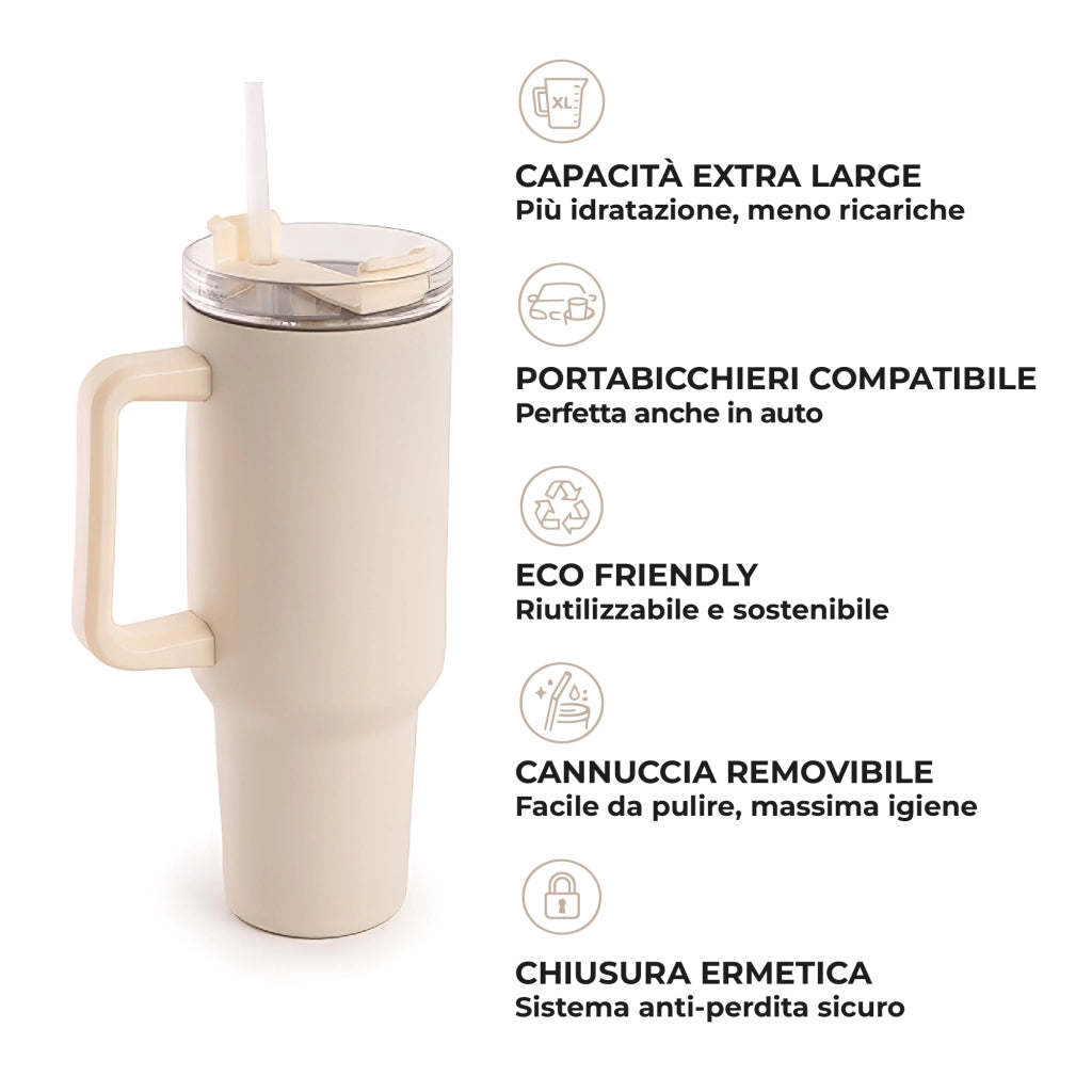 Borraccia Termica Americana 1200 ml in Acciaio Inox Doppio Strato Sottovuoto con Cannuccia e Manico – Smalto Antigraffio, Isolamento Caldo/Freddo, Coperchio Ermetico Panna