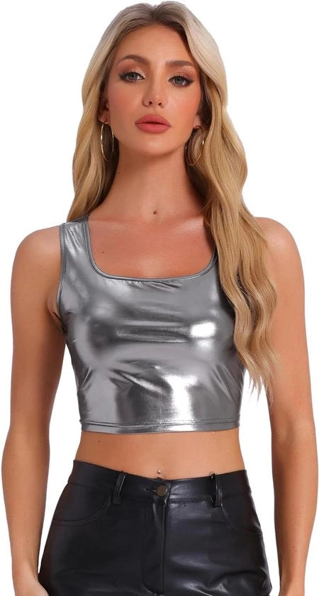 Top da Party in Tela Metallizzata Corte Donna Nero Argento L