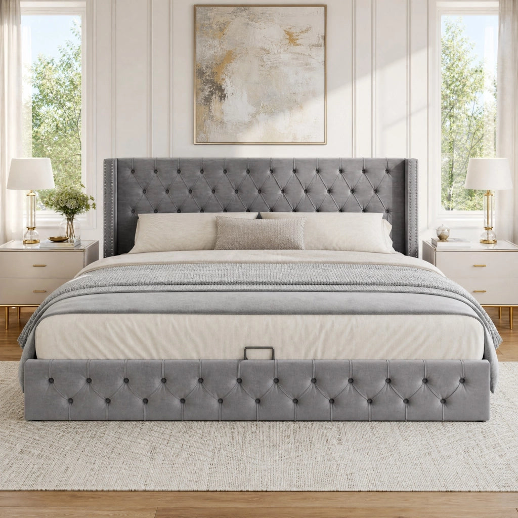 Letto matrimoniale imbottito 140x200 in velluto grigio con contenitore idraulico e testiera Chesterfield