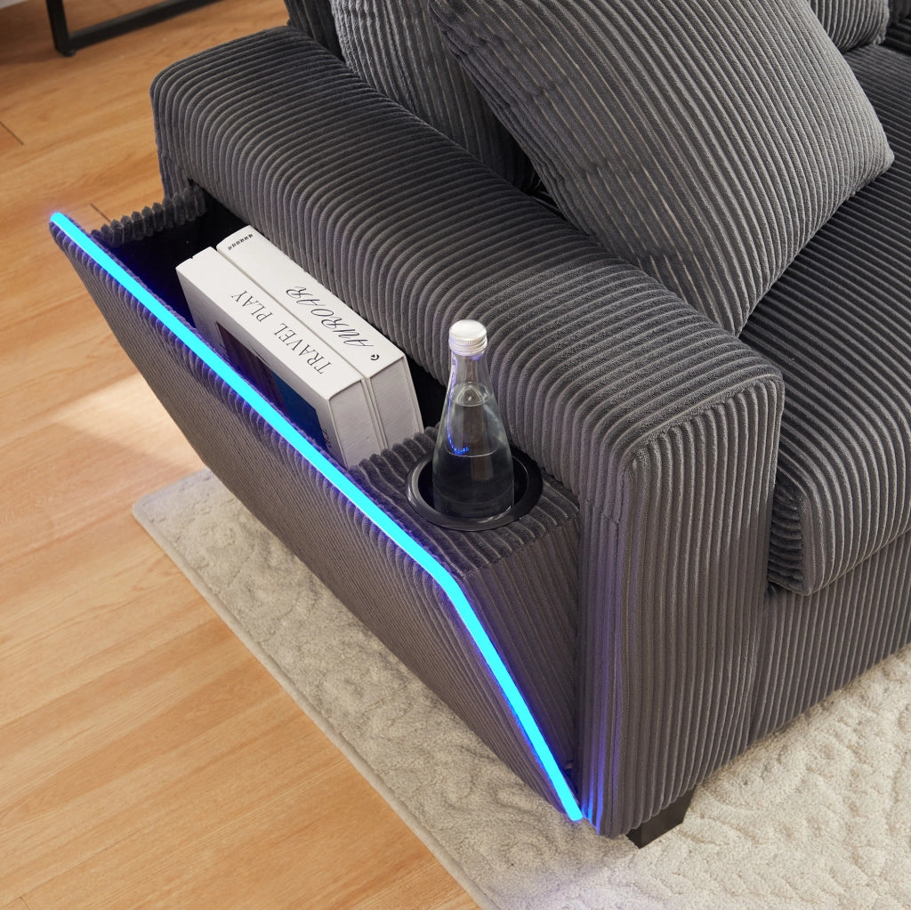 Divano a U in velluto a coste con 2 pouf contenitore; LED; USB e Type-C; grigio 334x128;5x81 cm