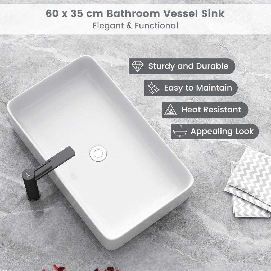 Lavabo da Appoggio Angolare, Lavandino Bagno in Ceramica, Mobile Lavabo Bagno con Scarico Pop-up, per Bagno e WC Degli Ospiti, 60x35x11cm