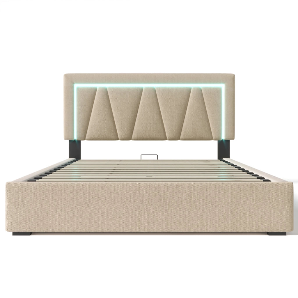 Letti contenitori 160x200 cm con LED e USB; lino beige; contenitore (Senza materasso)