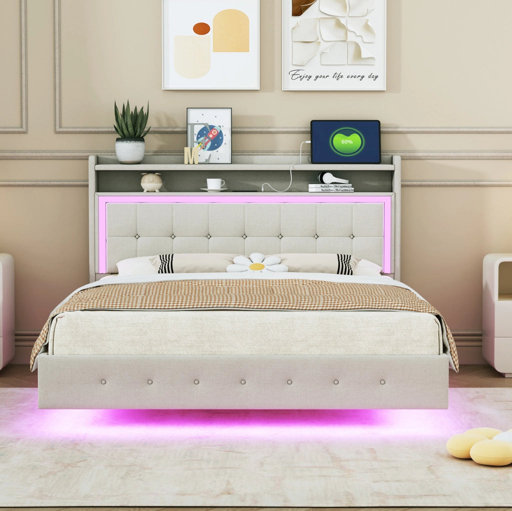 Letto imbottito 140x200 cm; USB e LED; tessuto di lino; beige (Senza materasso)
