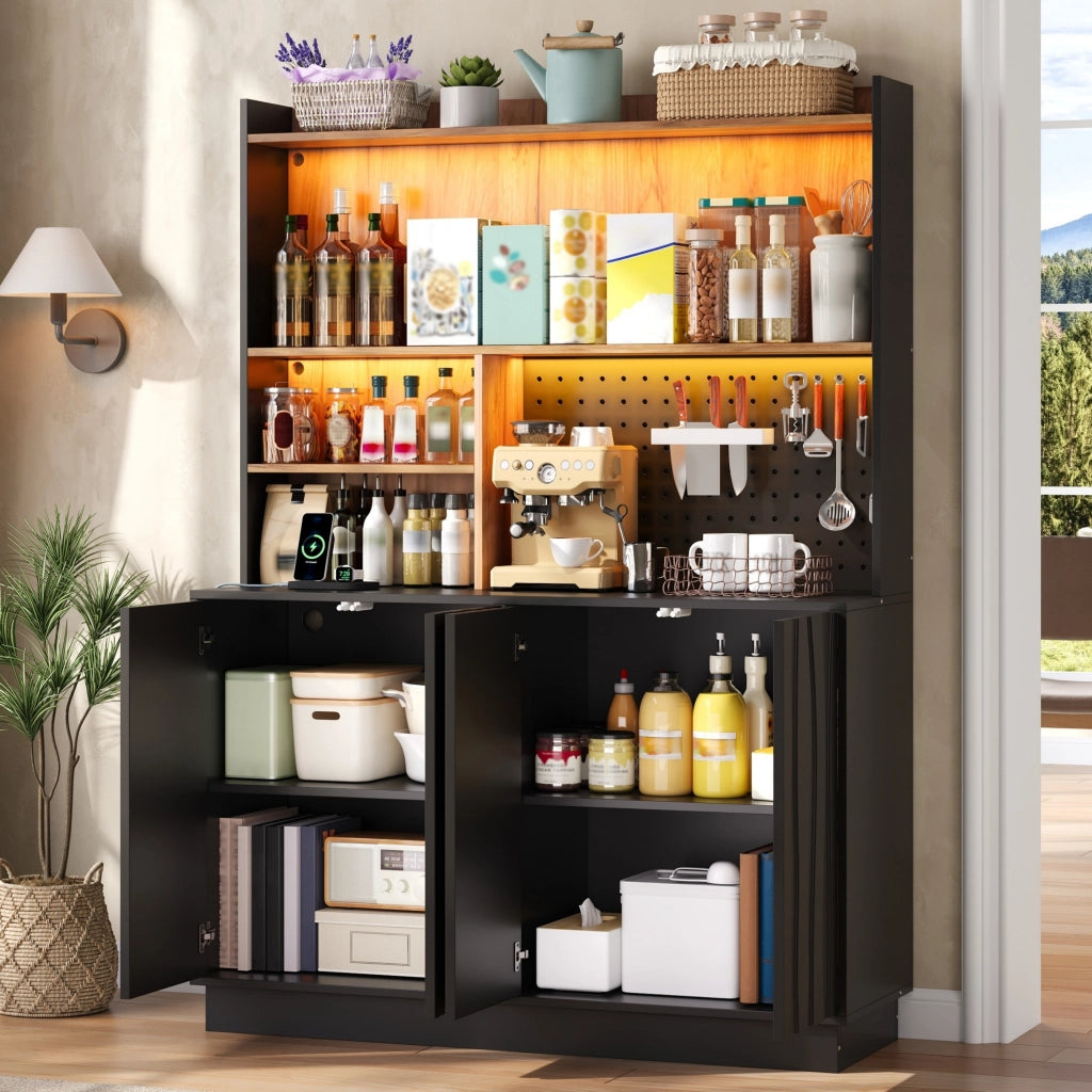 Mobile da cucina con LED RGB e prese USB; 120x43x160 cm in MDF nero e naturale