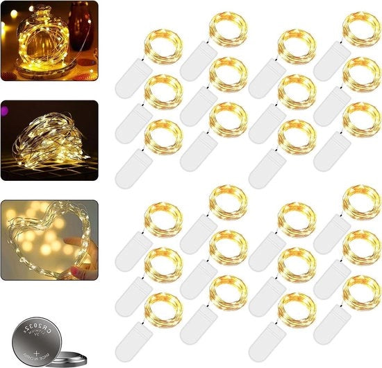Cavo di illuminazione LED a batterie 24 pezzi 2 m 20 LED filo di rame colore caldo bianco per interni Natale - esterni matrimonio - fai da te.