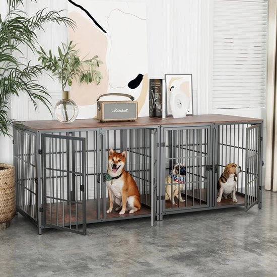 Casa per cani in legno - Recinzione per cani robusta - Tavolo supplementare - Resistente al morso - Adatto a grandi cani - 4 porte - Costruito con metallo e MDF - Dimensioni 90x62x68.5cm