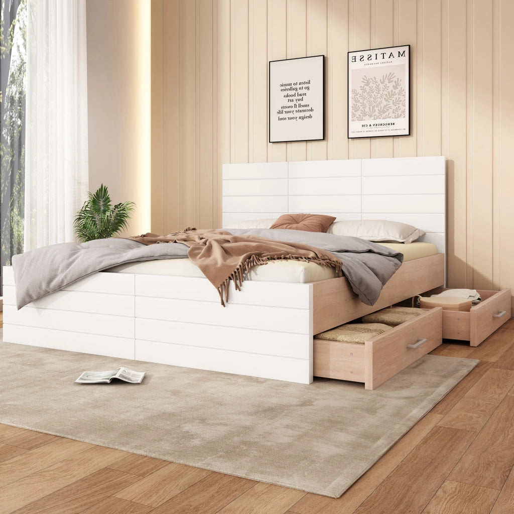 OKWISH Letto con Cassetti 140×200 cm, Letto Matrimoniale con 2 Cassetti e Ampio Spazio Contenitore, senza Materasso, in Legno Massello e MDF, Bianco e Rovere