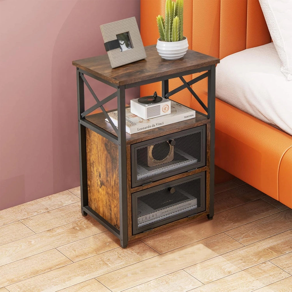 Set di 2 tavolini, comodino in legno con 2 cassetti pieghevoli e scaffali aperti, design salvaspazio, comodino industriale per camera da letto, soggiorno, 40 x 35 x 61 cm