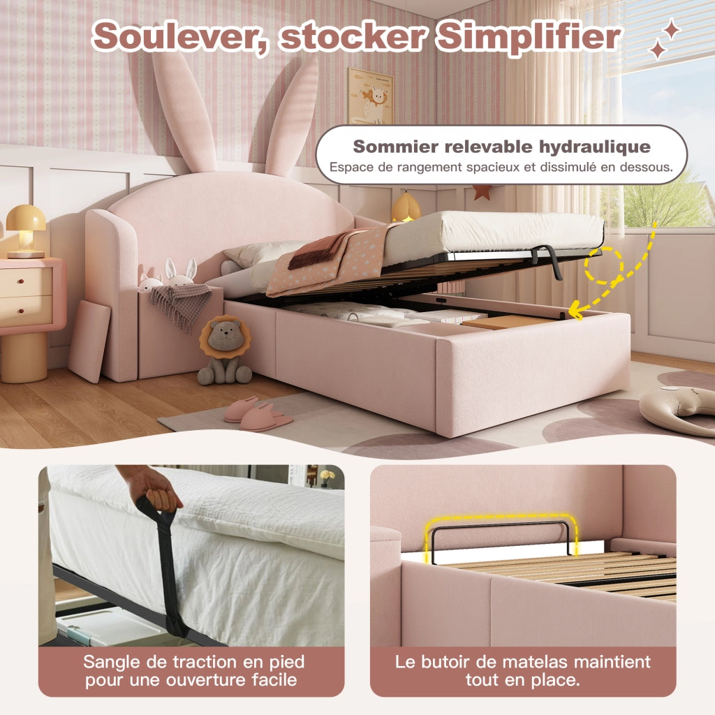 Letto Singolo Imbottito per Bambini con Contenitore e Comodino ¨C MINIMAL ¨C Rosa Velluto 90x190