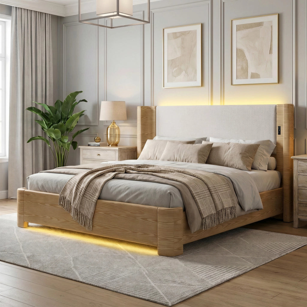 Letto matrimoniale 180x200 cm con contenitore idraulico e LED beige