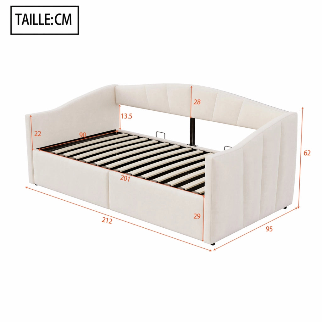 DESMIU Divano letto 90 × 200 cm 1 posto con contenitore idraulico e braccioli senza materasso in velluto beige