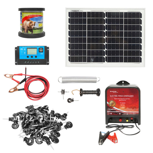 Kit completo per recinzione elettrica 12V, 14 Joule, filo da 1000 m con pannello solare da 20 W e 100 isolatori Breckner Germany