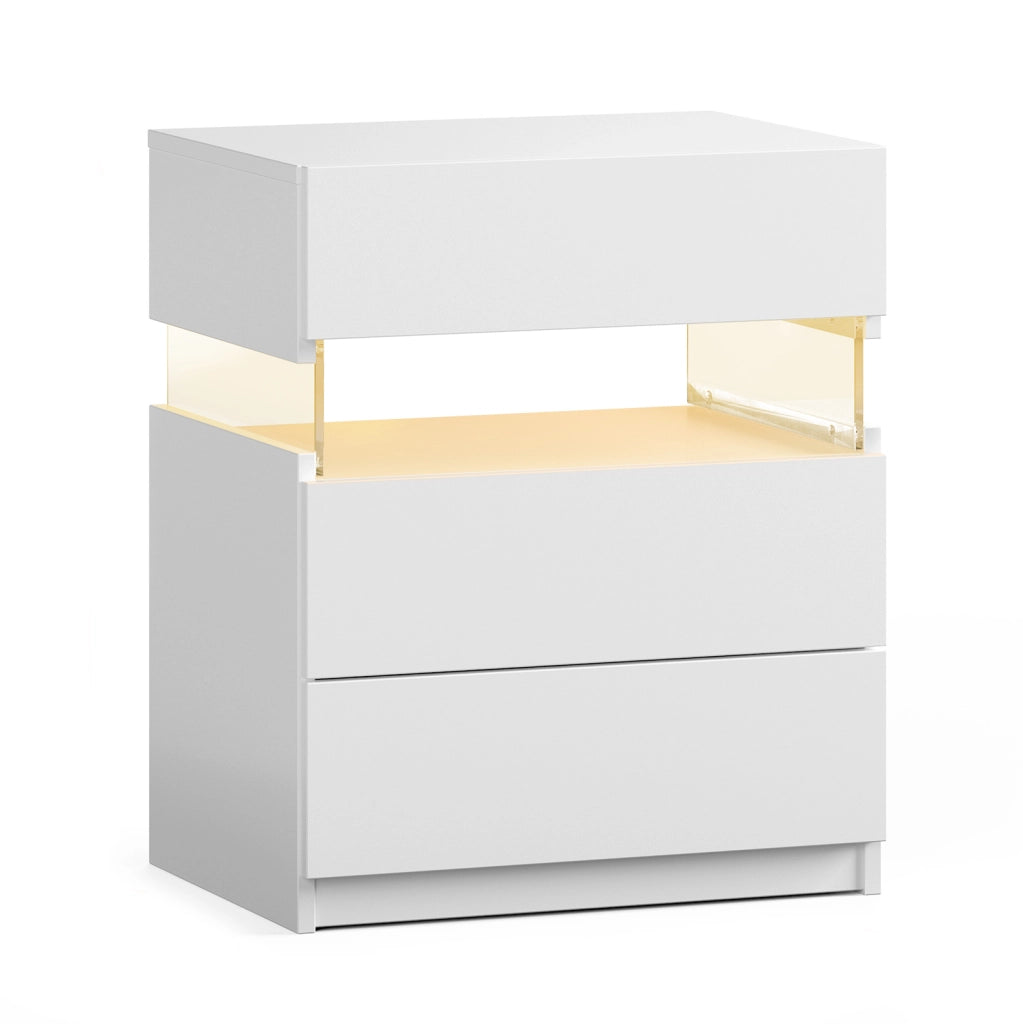 Comodino LED a 3 cassetti con pannello acrilico; legno ingegnerizzato bianco