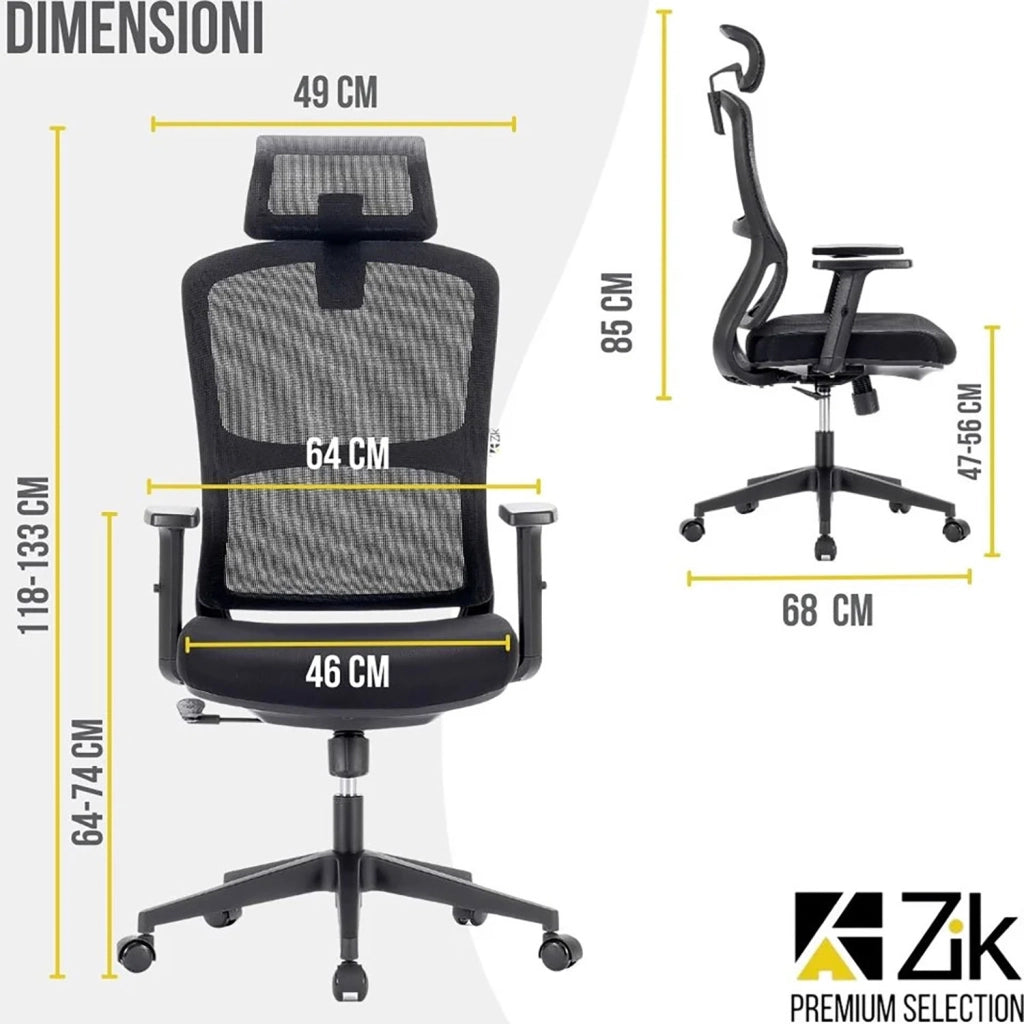 Sedia Direzionale da Ufficio 62x64x118/133 cm Ergonomica con Poggiabraccia Regolabili Nera