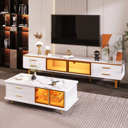 OKWISH Set 2 Pezzi Mobile TV e Tavolino da Salotto, con LED, Cassetti e Ante, Pannello di Particelle Bianco