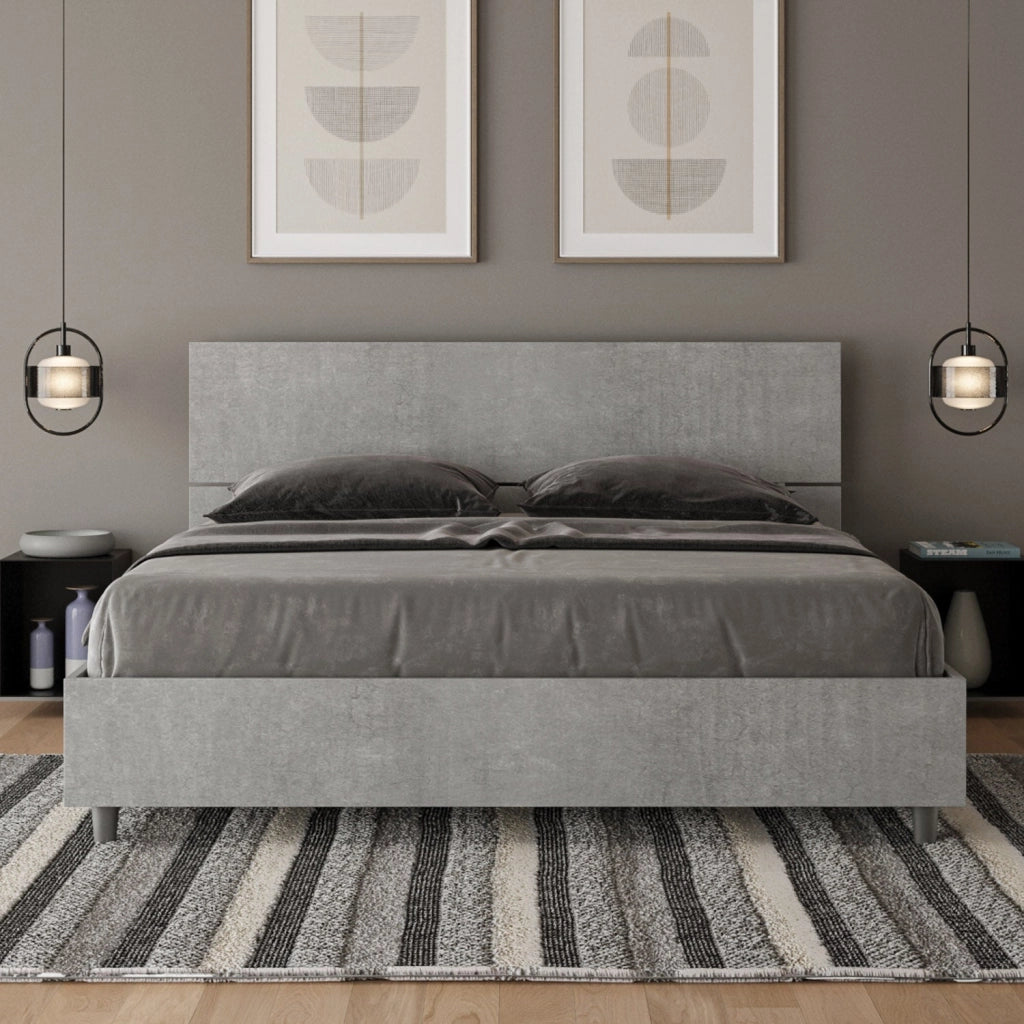 Letto Matrimoniale 160x190 cm con Rete e Contenitore Testata Dritta Demas Cemento