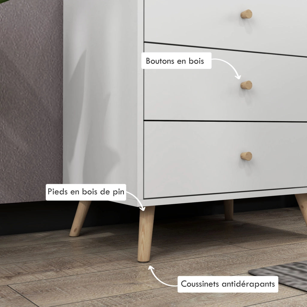 Com¨° 3 Cassetti Design Scandinavo ¨C zephmum ¨C MDF Bianco Legno Massello Pino