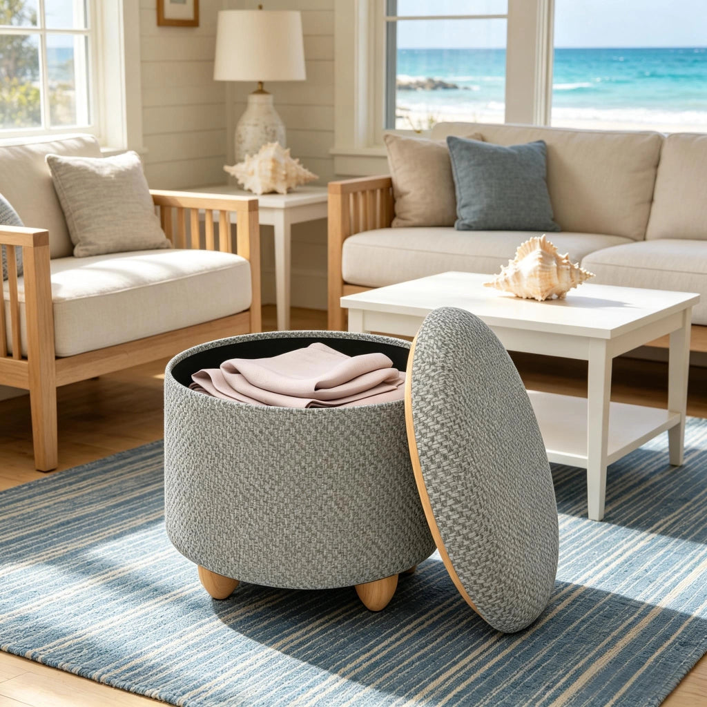 Pouf contenitore rotondo con seduta imbottita e vassoio in legno per soggiorno in lino, MDF e pino grigio chiaro