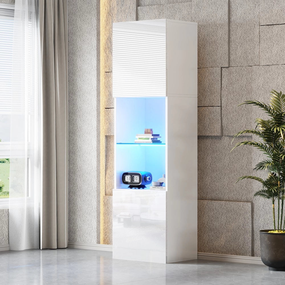 Vetrina con Illuminazione LED ¨C MINIMAL ¨C Bianco Lucido, 1 Ripiano in Vetro, 45x35x160 cm