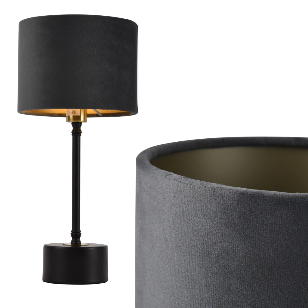 Lampada Deventer da Tavolo Comodino con Paralume Cilindrico in Flanella - Nero/Grigio lux.pro