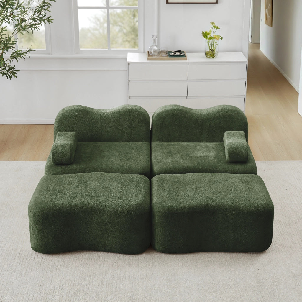Canapé modulaire 2 posti con pouf collegabili, seduta profonda e schiuma ad alta densità per soggiorno in velluto verde
