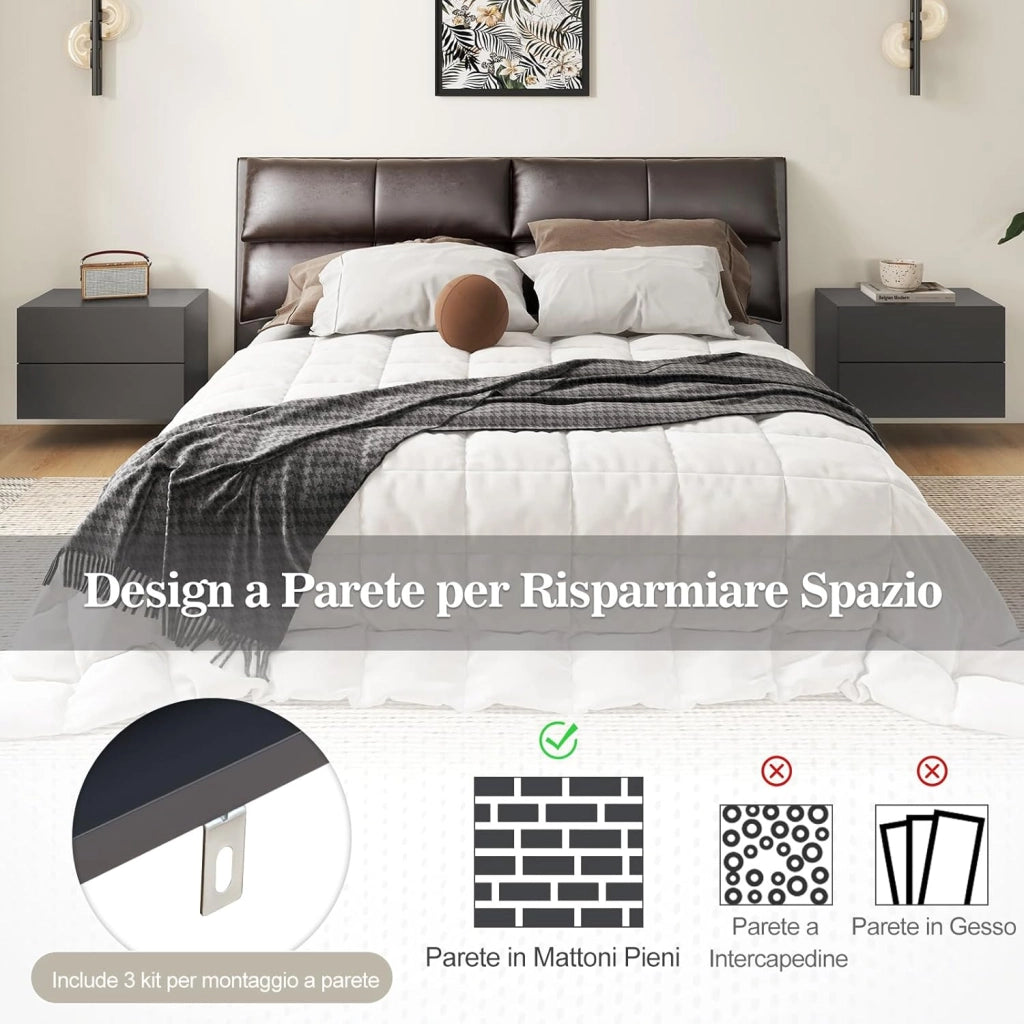 Comodino Camera da Letto Sospeso, Comodino in Legno con 2 Cassetti Salvaspazio, Comodino per Cameretta Moderno da Parete, per Soggiorno, 42 x 30 x 28 cm (Grigio)