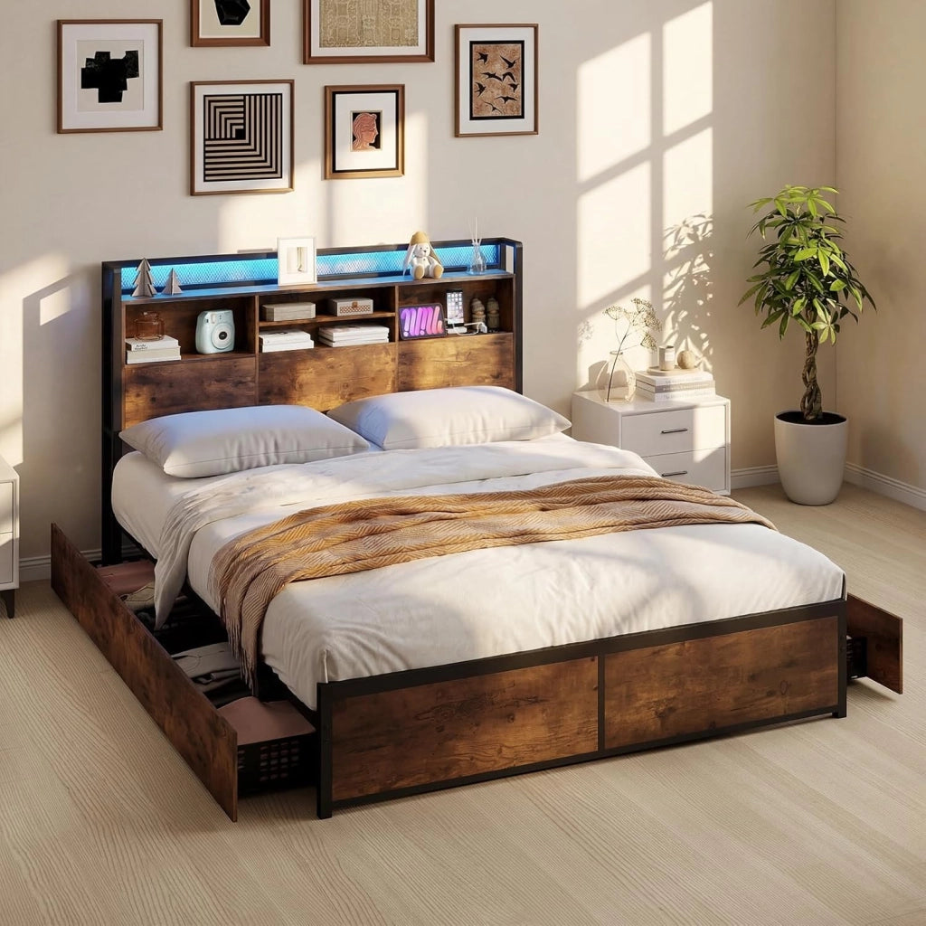 Struttura Letto con Testiera Contenitore, Letto a Piattaforma in Metallo con Stazione di Ricarica 3 Ripiani, Silenzioso, Carico Massimo 300kg (140 x 200cm Stile 2)