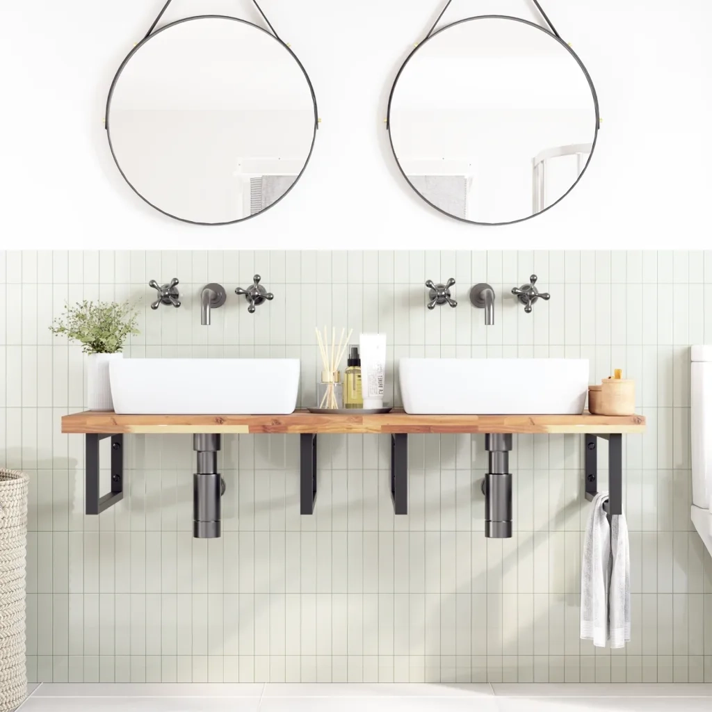 vidaXL Ripiano a Parete per Lavabo in Acciaio e Massello di Acacia
