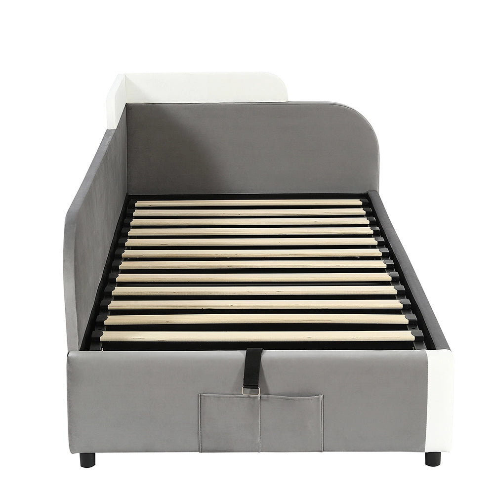 Letto Singolo Idraulico con Contenitore 90x200cm - Xylo - Velluto Grigio Lato Sinistro