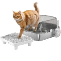 Lettiera per Gatti Coperta con Piatto in Acciaio Inox Bordi Alti Pala Pedana e Zona per la Caduta della Sabbia Grigio