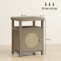 Comodino con Scaffale Aperto e Vano con Anta in Rattan, 40x35x55 cm, Legno Naturale