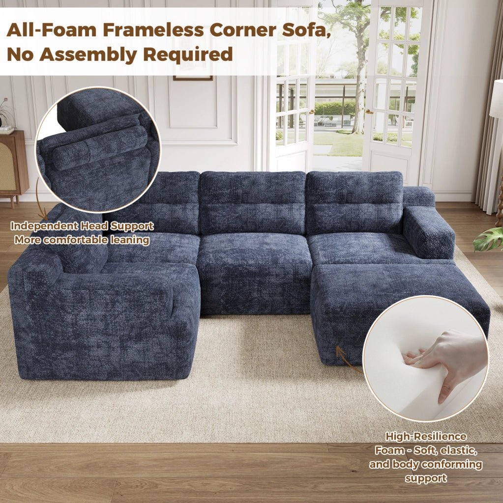 Divano modulare a U in ciniglia blu con poggiatesta e pouf; 252 × 180 × 82 cm