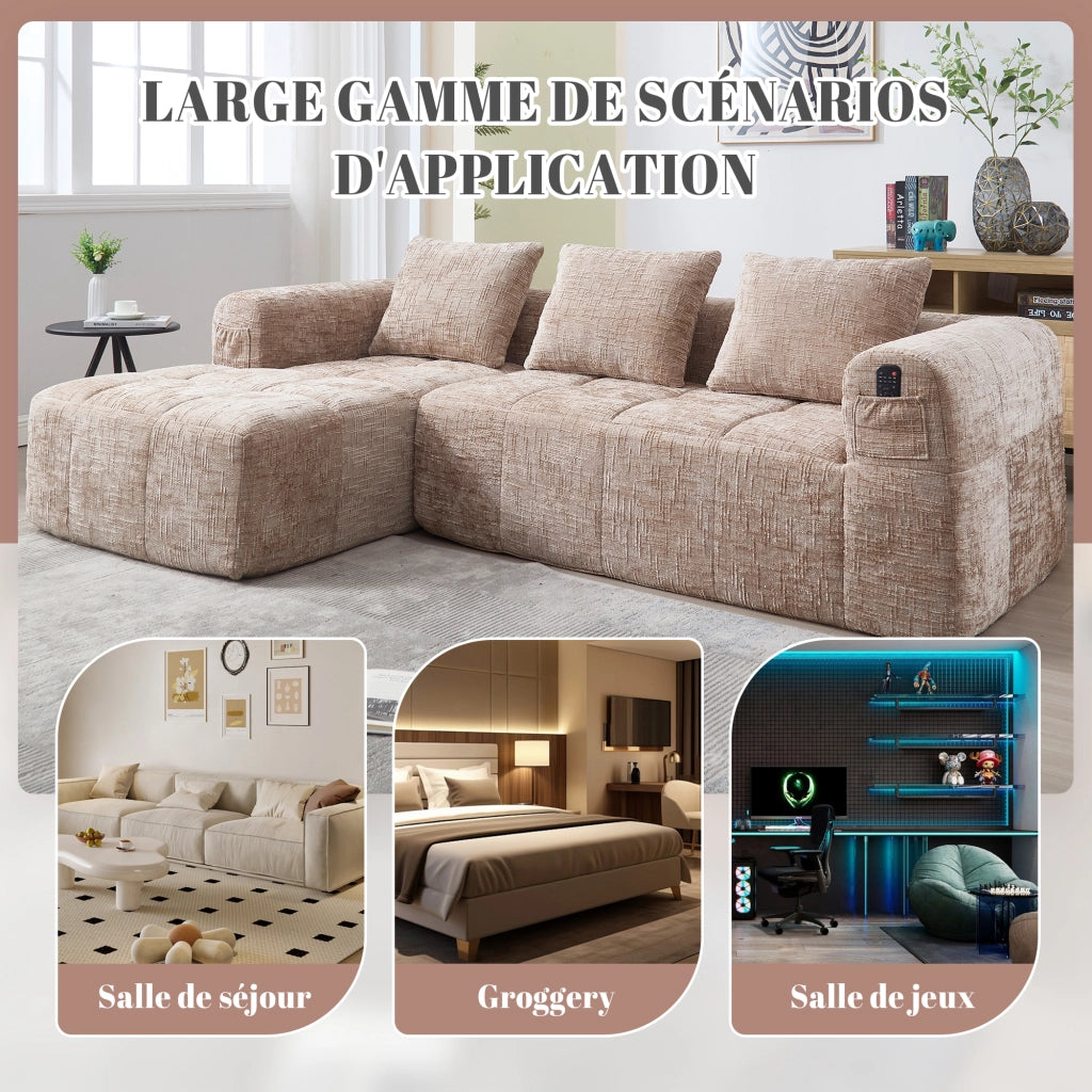 Divano Modulare con Chaise Longue 3 Posti con Tasche Laterali e 3 Cuscini, in Ciniglia, Cachi, 250 × 158 × 60 cm