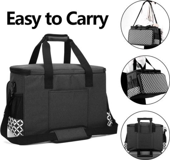 Tas di trasporto compatibile con la maggior parte delle macchine da cucire e accessori, con fondo in legno, tasca portatile, tasca di trasporto e di stoccaggio, nero con disegno a diamanti