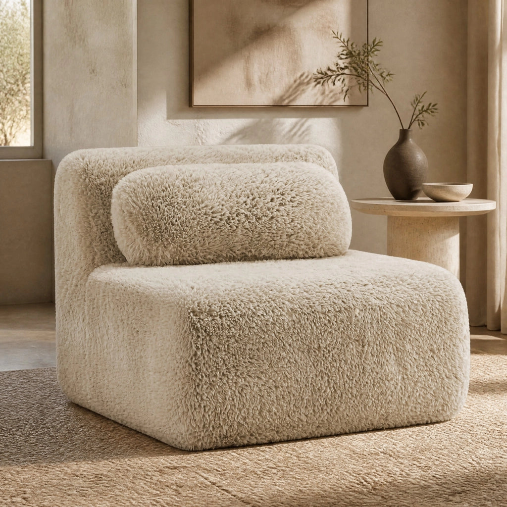 Divano modulare senza braccioli con cuscino in tessuto peluche, seduta ampia, beige cachi chiaro