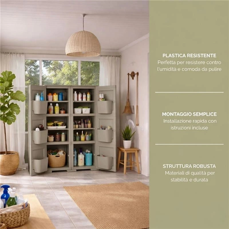 MOBILE MULTIUSO 2 ANTE TAUPE 79X43X125 CM CON 3 MODULI E 6 TASCHE LATERALI – ARMADIO ORGANIZZATORE VERTICALE PER LAVANDERIA E RIPOSTIGLIO