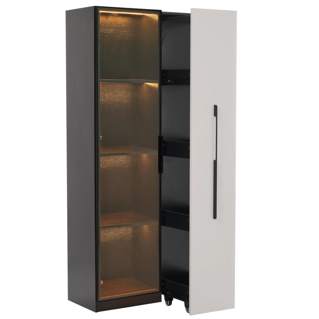 Vetrina multifunzione 70x40x160 cm con LED, ante in vetro e contenitore laterale, nero/bianco