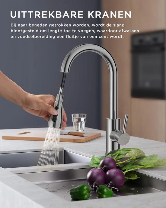 Kraan da Cucina, Kraan da Cucina ad Alta Pressione con Sprezzatore Estensibile, Kraan Estensibile, Miscelatore, Kraan per Spugna, 360° Girevole, Finemente Liscio Cromo