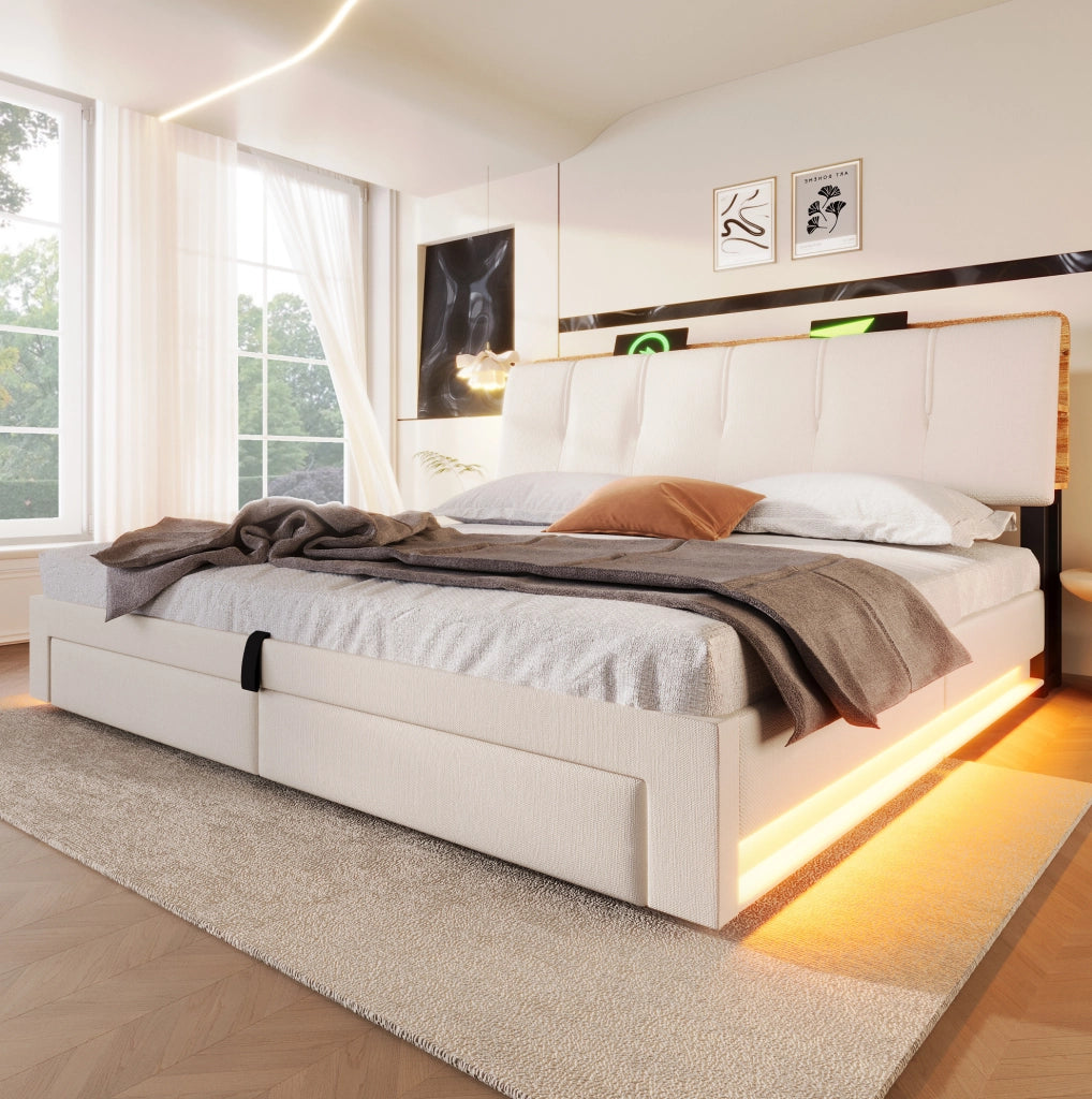 Letto imbottito con contenitore, USB e LED, 180x200 cm, beige