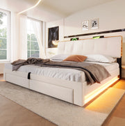 Letto imbottito con contenitore, USB e LED, 180x200 cm, beige